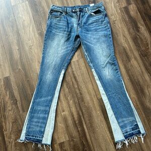 Distressed, slight flare, denim jeans